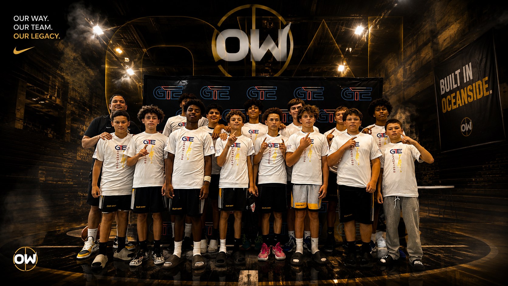 OW players and a coach in white GTE tees on the Our Way floor beneath the OW roundel