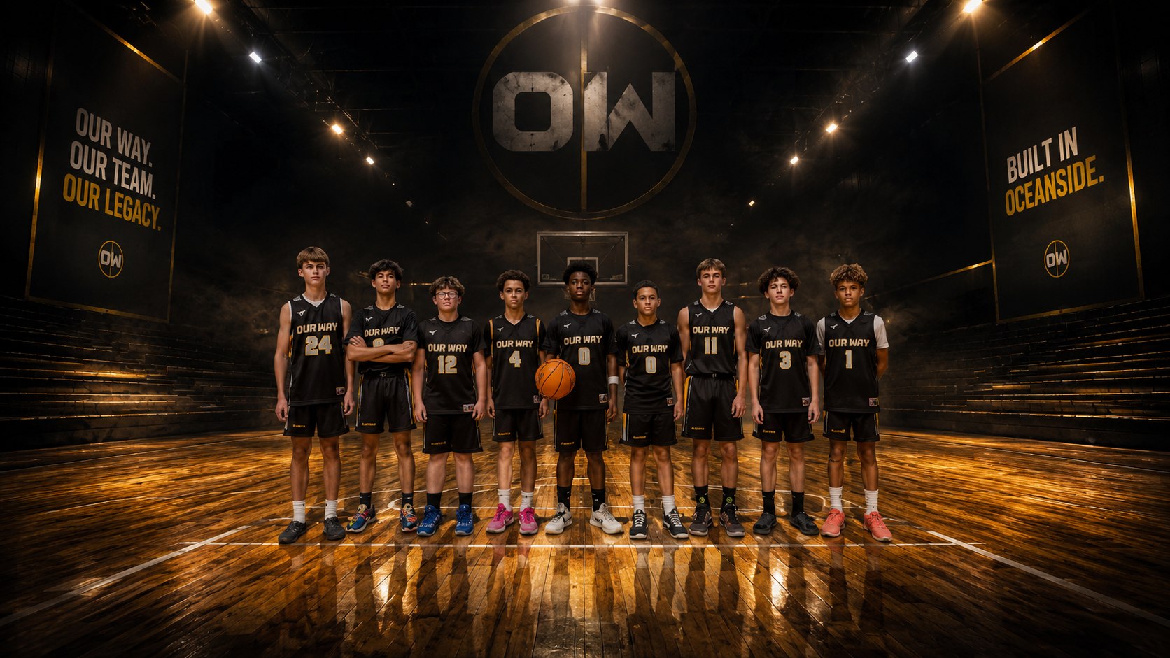 OW players in black Our Way jerseys lined up on a dark floor beneath the OW roundel, beside the program’s lines: Our Way. Our Team. Our Legacy. and Built in Oceanside.
